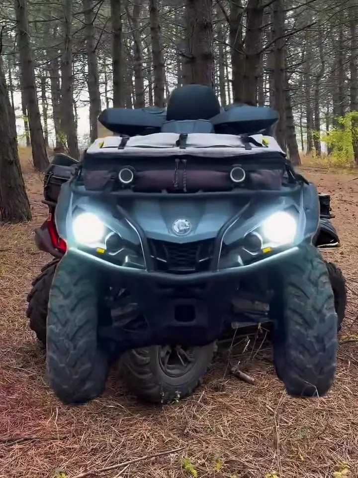 ATV with headlights on in a pine forest